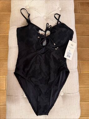Mykonos Blu Sophisticated Black Floral One-Piece Swim Suit Lace-Up Front Lg NWT